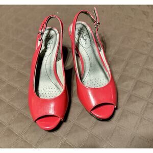 Women’s LifeStride Invest Red Patent Comfort Heel Pumps Peep Toe Slingbacks 6M